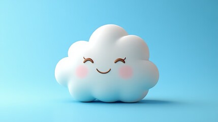 Elegant Smiling Cloud Icon, Cartoon Style, Isometric View, Solid Blue Background, 3D Clay Rendering, Matte Texture, Round Edges, High Saturation Colors, Symmetrical Composition, Mobile Game Ready