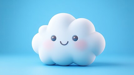 Elegant Smiling Cloud Icon, Cartoon Style, Isometric View, Solid Blue Background, 3D Clay Rendering, Matte Texture, Round Edges, High Saturation Colors, Symmetrical Composition, Mobile Game Ready