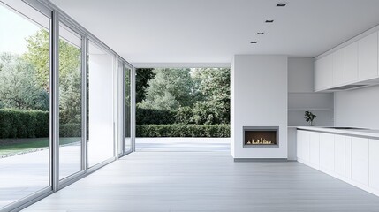 A luxurious open-plan space with white cabinetry and a fireplace-lit patio visible through large glass doors. Ample space on the right side for branding or text.