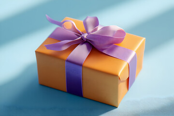 Obraz premium A yellow gift box tied with a purple ribbon is placed on a blue background, ready to be given as a special gift to someone important on any special occasion.