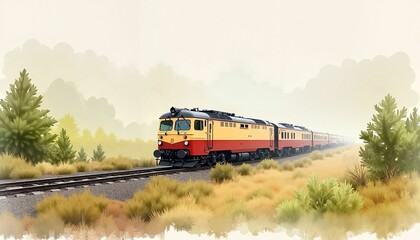 Obraz premium Vintage Railroad Train in Misty Countryside Watercolor Landscape