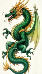 Fototapeta premium Majestic Chinese Dragon in Emerald Green and Gold Against Light Background