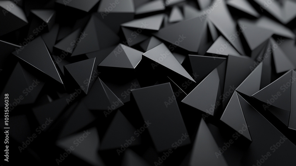 Poster abstract arrangement of black geometric shapes scattered across a surface in a dim environment