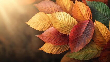 Fototapeta premium A close-up view of vibrant autumn leaves in shades of orange, red, and yellow, illuminated by soft sunlight, creating a warm and inviting atmosphere.