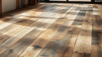 An airy, open-plan space with reclaimed wood flooring. The texture of the natural wood is in focus, with text space available at the bottom.