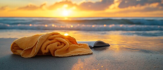 A yellow towel lies on the sandy beach beside an open book as the sun sets, casting a warm glow across the calm ocean waves