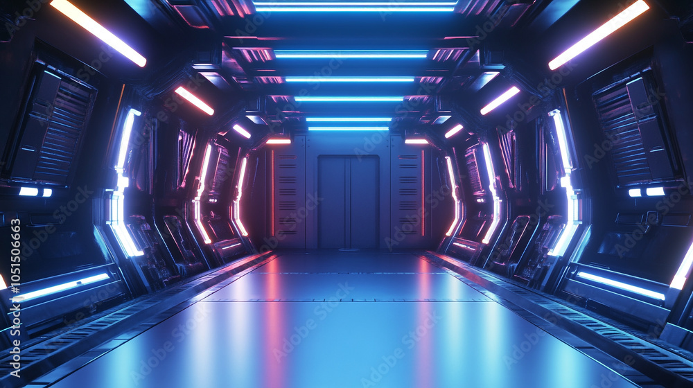Poster futuristic corridor with glowing lights in a sci-fi setting at an unknown station