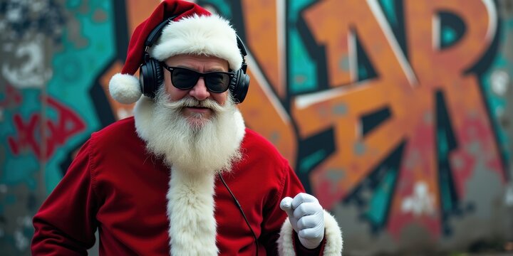 A modern Santa Claus with headphones, posing in front of vibrant graffiti. Combines holiday spirit with urban culture, perfect for festive marketing and contemporary themes.