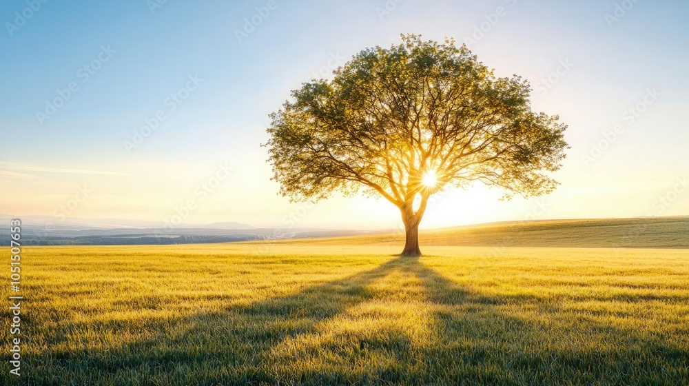 Poster lone tree in a sunny field casting elongated shadows at sunrise.