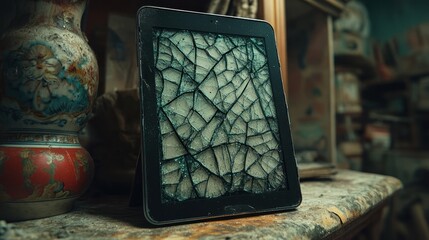 A Cracked Tablet Screen on a Dusty Wooden Surface