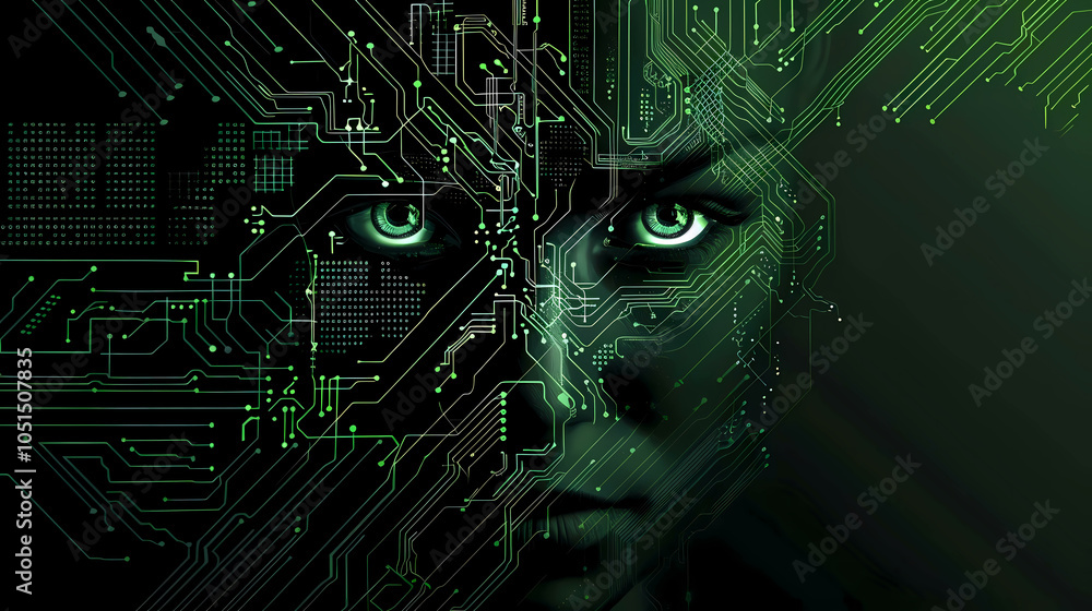 Poster high-resolution image of eyes a printed circuit board (pcb) with complex technology patterns for use
