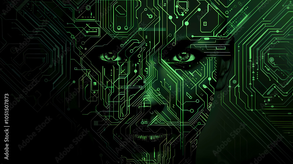 Poster high-resolution image of eyes a printed circuit board (pcb) with complex technology patterns for use
