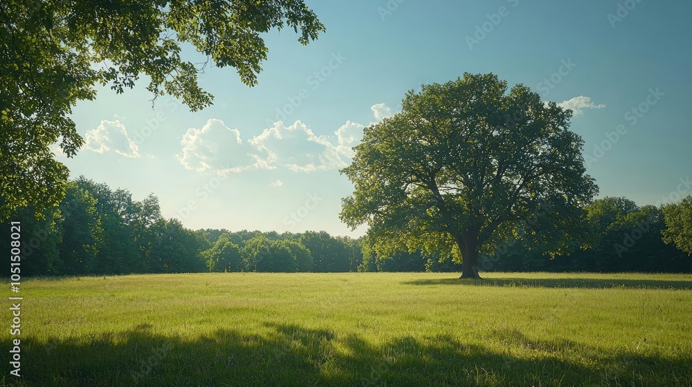 Poster lone tree in a serene field under a clear blue sky.