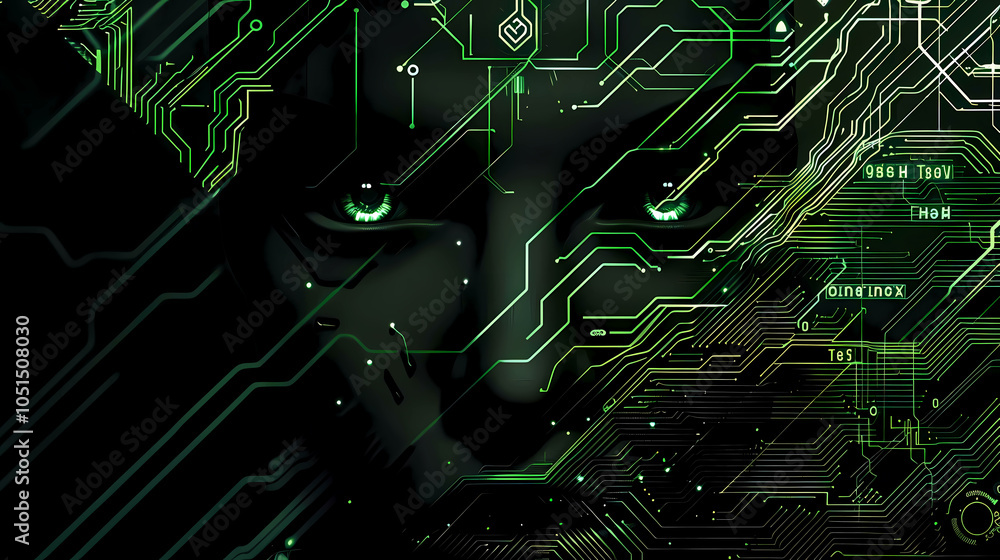 Poster high-resolution image of eyes a printed circuit board (pcb) with complex technology patterns for use