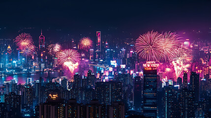 A panoramic view of a city at night, with pastel-colored fireworks filling the sky and a Happy New Year banner glowing across the scene 