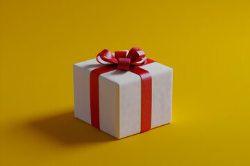 Fototapeta premium White gift box tied with red ribbon, yellow background, ready to give to someone special on an important day.
