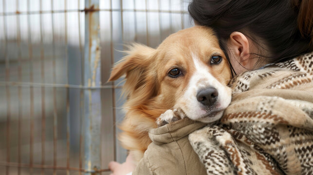 Dogs in cage with cheerful woman volunteer. Searching for adoption banner. Happy person taking pet to forever home adopt. Dog at the shelter. Animal shelter volunteer feeding the dogs.