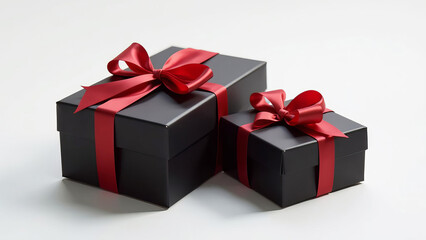 Fototapeta premium Black gift boxes with ribbon, festive present package with big bow. Black Friday or luxury sale promotions. Place for text. White background, isolated.