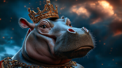 snarky baby hippo wearing crown exudes regal yet sarcastic expression against dramatic sky. This whimsical scene captures playful essence of royalty in animal kingdom
