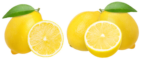 lemon fruit with leaves and half isolated, Fresh and Juicy Lemon, transparent PNG, PNG format, cut out