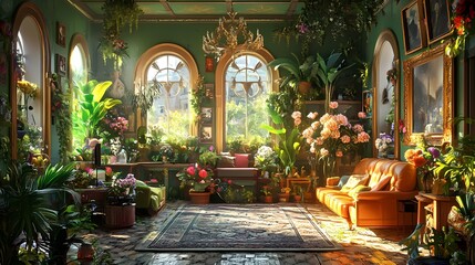 Obraz premium Natural green flowers and plants surround the living room poster background