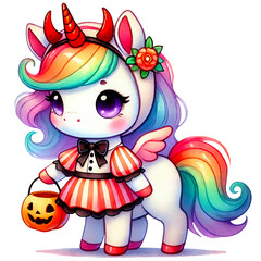 Naklejka premium Cute Halloween Unicorns in Festive Costumes, Adorable cartoon unicorns dressed in various Halloween costumes, holding pumpkins and candy, surrounded by Halloween-themed elements like bats and lantern 