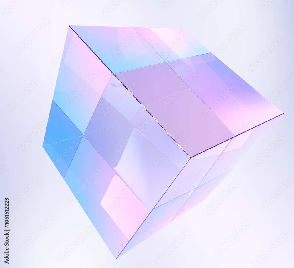 Poster 3d crystal light holographic glass cube render icon. abstract geometric block shape with hologram gr