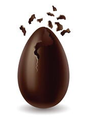 Chocolate egg. Broken, exploded eggshell. Kids confectionery, candy with surprise. Restaurant, cafe menu design. Vector dessert made of dark cocoa
