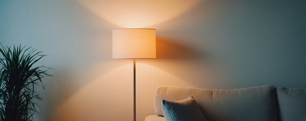 cozy living room scene featuring stylish floor lamp casting warm light against wall, complemented by comfortable sofa and decorative plant. ambiance is inviting and serene