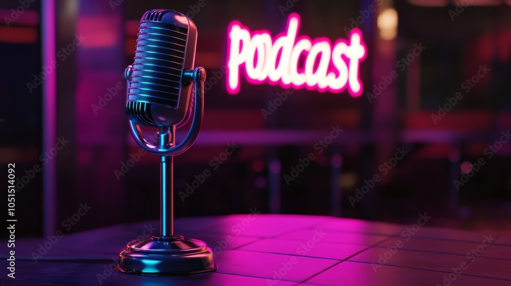 Poster a vintage microphone stands in front of a glowing 