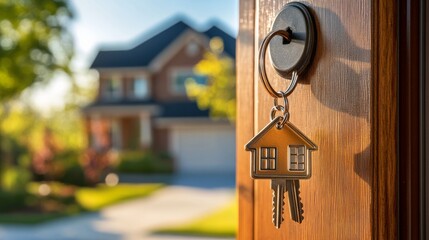 A key shaped like a house hangs on a door, with a blurred residential home and garden in the background, symbolizing homeownership and new beginnings.