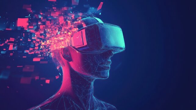 Futuristic VR headset user in digital explosion art