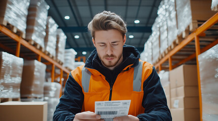 focused worker scans barcode on package in warehouse, showcasing attention to detail and efficiency in logistics operations