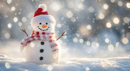 Fototapeta premium Christmas decoration with a cute cheerful snowman in the snow in the winter forest bokeh background. AI generative.