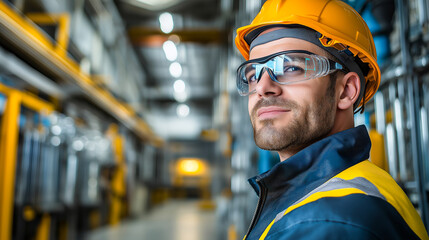 confident electrical engineer wearing hard hat and safety glasses stands in industrial setting, emphasizing importance of safety in workplace