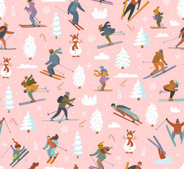 skiing people man woman kids winter sports activity  seamless pattern, vector illustration repeat design print on soft peachy pink
