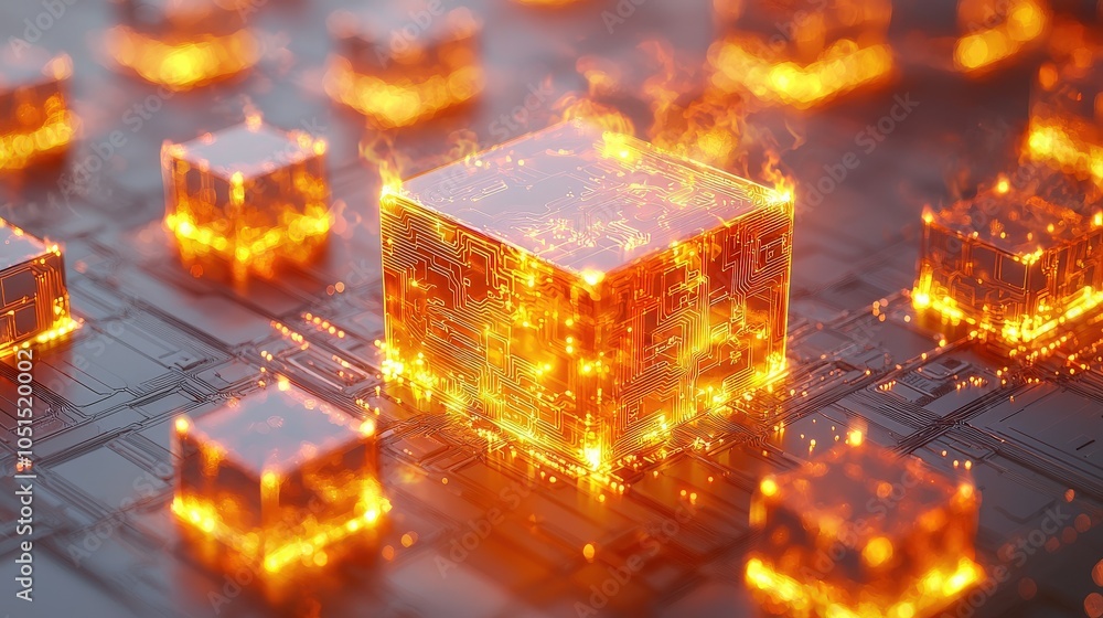 Poster a blockchain icon with fiery digital firewalls surrounding it, symbolizing robust blockchain securit