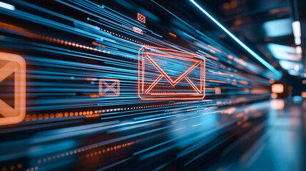 Dynamic depiction of email encryption symbols with glowing lines representing speed and connectivity, illustrating modern communication technology