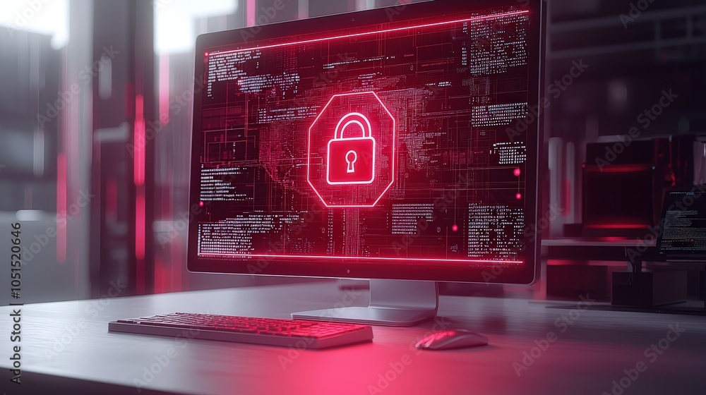Poster a computer screen with a flashing red alert symbol and a lock icon, representing security risks and 