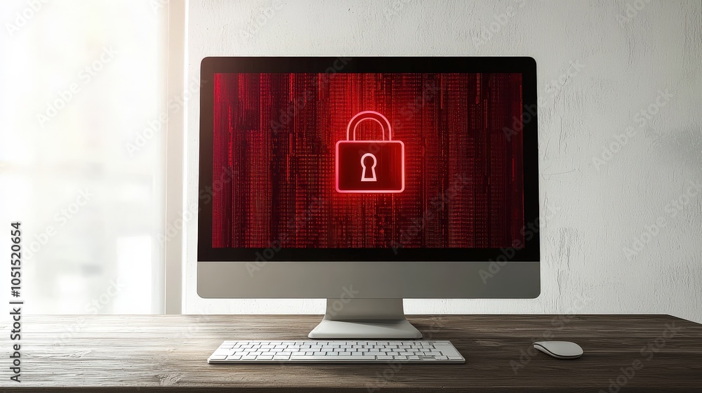 Poster a computer screen with a flashing red alert symbol and a lock icon, representing security risks and 