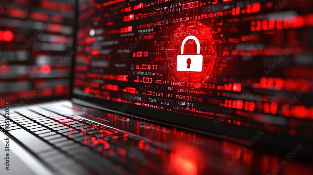 Poster a computer screen with a flashing red alert symbol and a lock icon, representing security risks and 