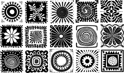 hand drawn boho chic  fashion square tiles in black and white collection