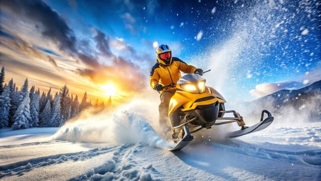 Thrilling winter adventure on a snowmobile at sunset in snowy mountains