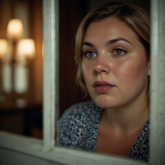 Portrait Of A Plus-size Woman Looking At A Vintage Mirror With Contemplative Expression, Warm Glow, Soft-focus, Emotional Portrait Self-reflection
