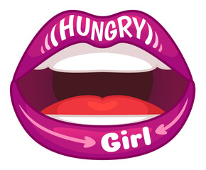 Female open mouth with purple lipstick showing tongue and words hungry and girl written on it.