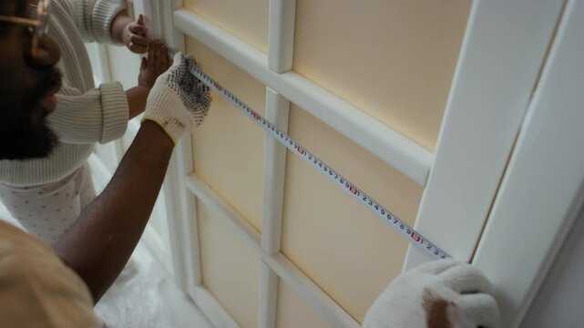 Side handheld shot of cute inquisitive Biracial baby girl helping dad, holding measuring tape from one end while Black father measuring door width during room remodeling