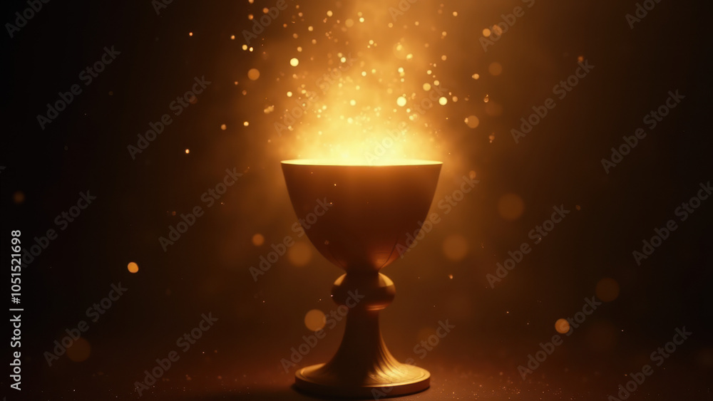Poster the image is a digital art piece that features a golden chalice with glowing particles emanating fro