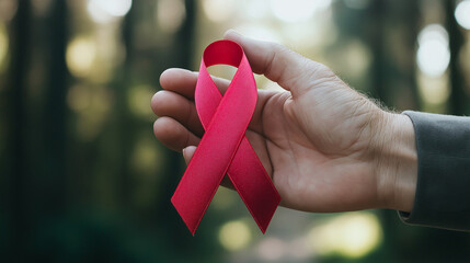 hand holding pink ribbon symbolizes cancer awareness and support. This powerful gesture highlights importance of raising awareness and promoting hope in fight against cancer
