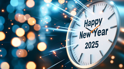 Fototapeta premium Happy New Year 2025 is displayed on clock, symbolizing celebration of upcoming year with vibrant bokeh lights in background, creating festive atmosphere