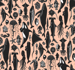 deep sea ocean mammals creatures and fish swimming in one vertical direction marine life nautical seamless pattern, vector illustration repeat design in pastel soft peach fuzz black and white © VecTerrain